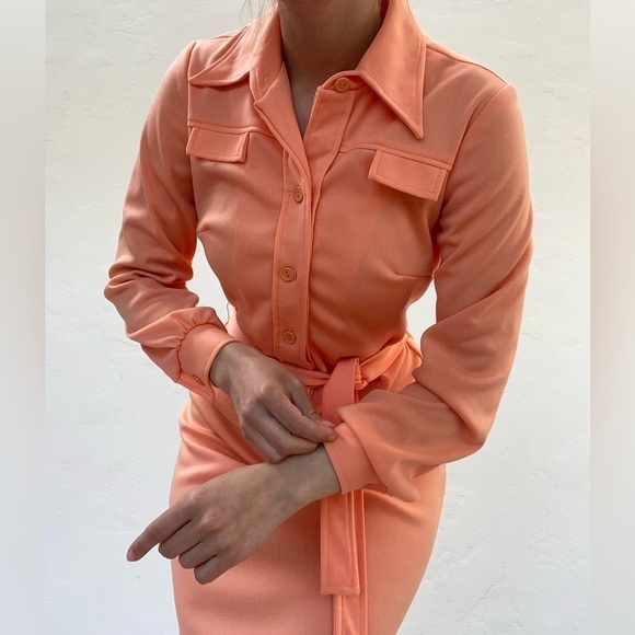 Jennifer Gee Vintage Midi Shirt Dress Bright Peach Salmon Pink Orange - Picture 9 of 14